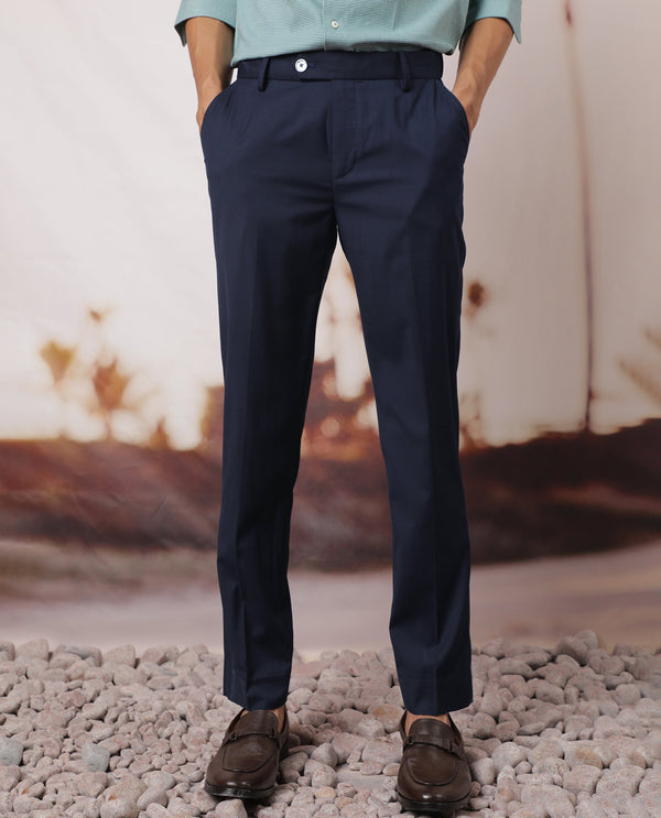 Rare Rabbit Men's Vitaro Navy Solid Mid-Rise Regular Fit Trouser