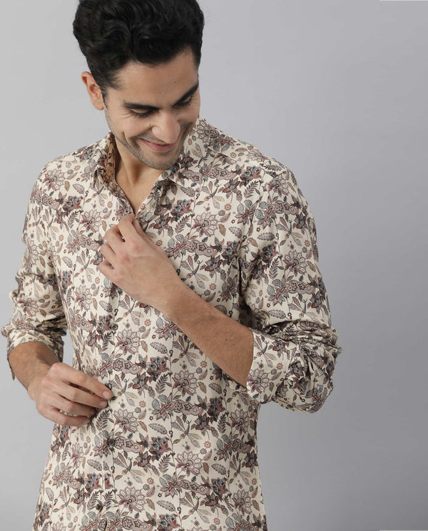 Rare Rabbit Men's Ravell Beige Cotton Viscose Fabric Full Sleeves Floral Print Shirt