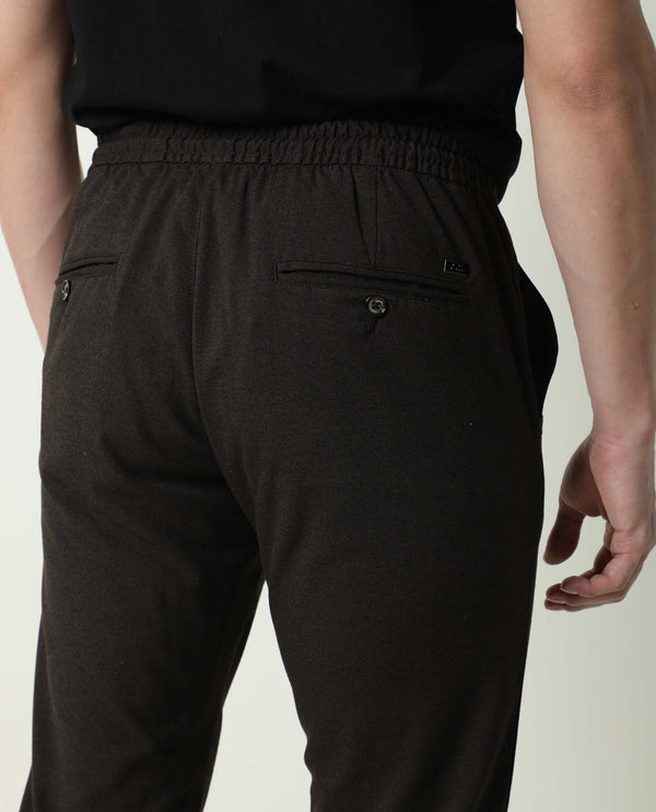 Rare Rabbit Men's Brando Brown Solid Mid-Rise With Drawstring And Elastic Waistband Regular Fit Trouser