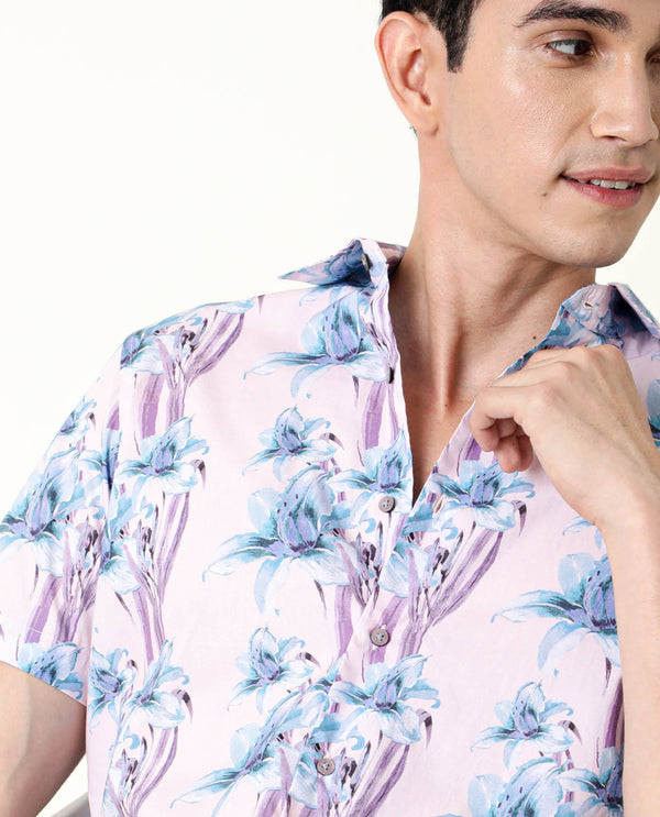 Rare Rabbit Men's Hadlo Pink Cotton Fabric Floral Print Half Sleeves Shirt