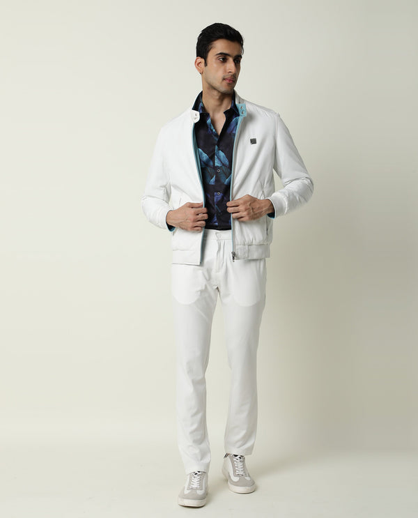 Rare Rabbit Men's Royban White Classic Mandarin Collar Bomber Jacket