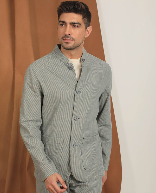 Rare Rabbit Men's Trex Green Linen Blend Mandarin Collar Striped Jacket