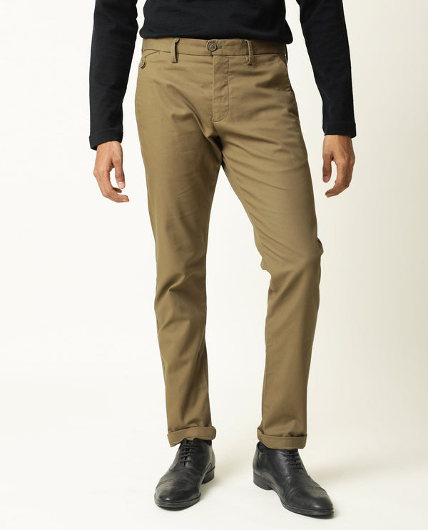 Rare Rabbit Men's Jacob Olive Cotton Polyester Fabric Mid-Rise Regular Fit Twill Trouser