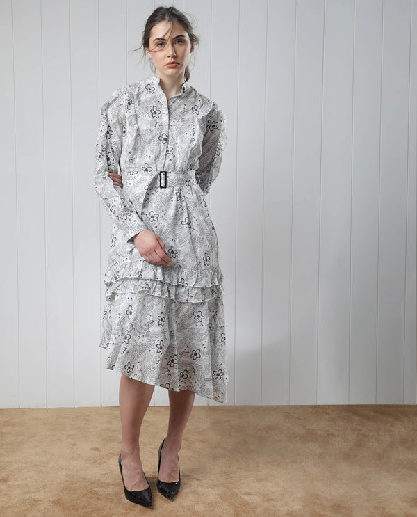 Rareism Women Roose White Cotton Fabric Full Sleeves Button Closure Mandarin Collar Regular Fit Floral Print Knee Length Flared Dress