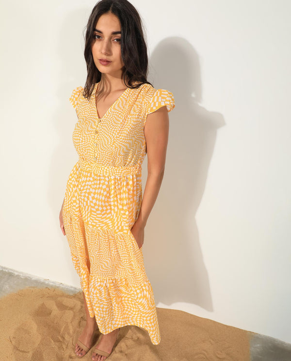 Rareism Women's Whitney Yellow Cotton Fabric V-Neck Button Closure Cape Sleeve Geometric Print  Knee Length Dress