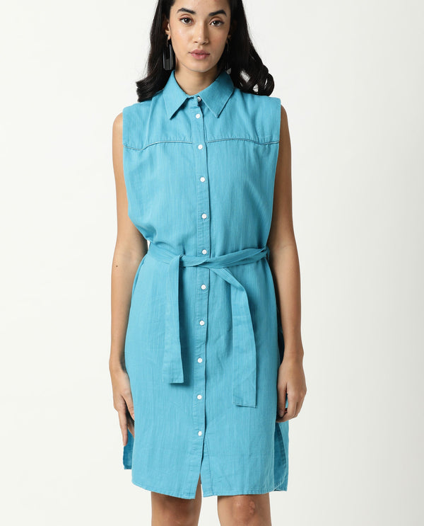 Rareism Women Zolaa Blue Shirt Collar Front Packet With Buttons Fabric Waist Belt And Side Slit Knee Length Dress
