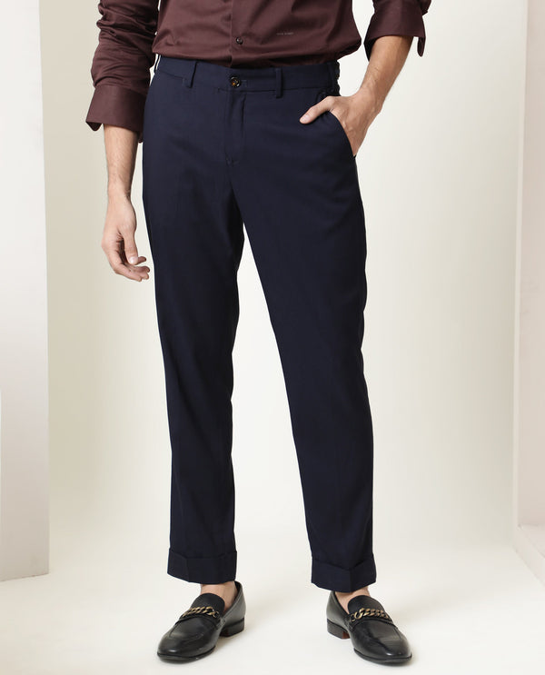 Rare Rabbit Men's Glade Dark Navy Solid Mid-Rise Regular Fit Trouser
