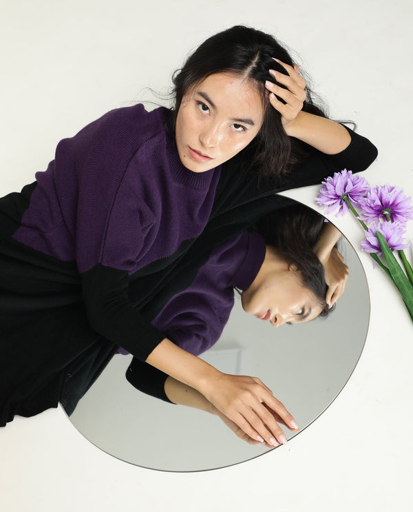 Rareism Women Spaton Purple Acrylic Fabric Full Sleeves Knee Length Regular Fit Color Blocked High Neck Sweater