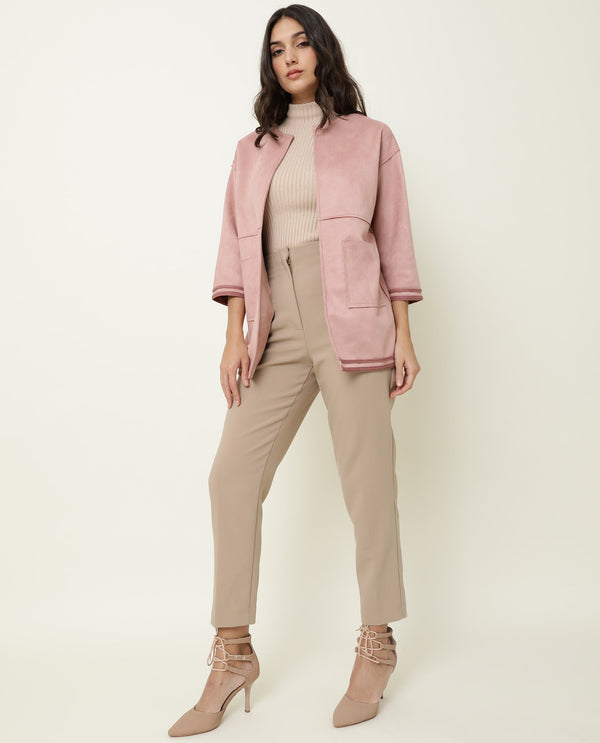 Rareism Women Square Dark Pink Polyester Fabric 3/4Th Sleeves Solid Boat Neck Jacket