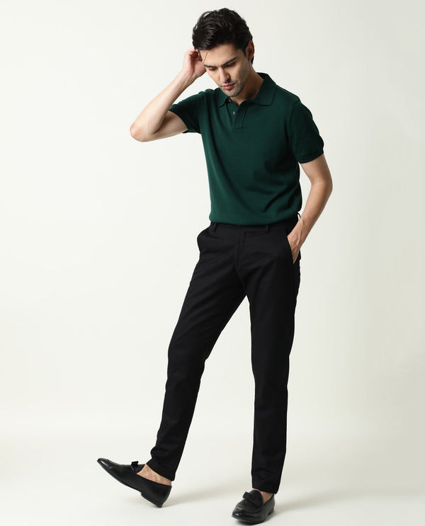 Rare Rabbit Men's Raptors Black Solid Mid-Rise Regular Fit Stretch Trouser
