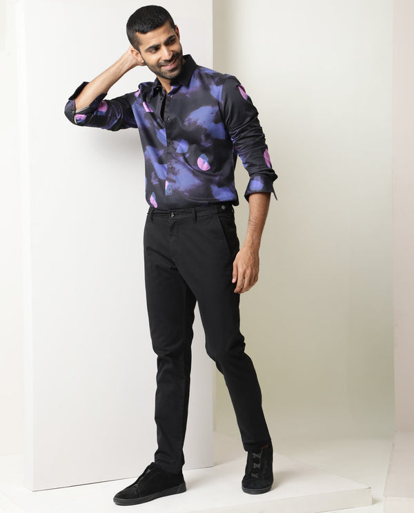 Rare Rabbit Men's Trans Black Solid Mid-Rise Regular Fit Trouser