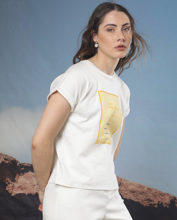 Rareism Women Ira White Cotton Fabric Short Sleeves Crew Neck Regular Fit Graphic Print T-Shirt