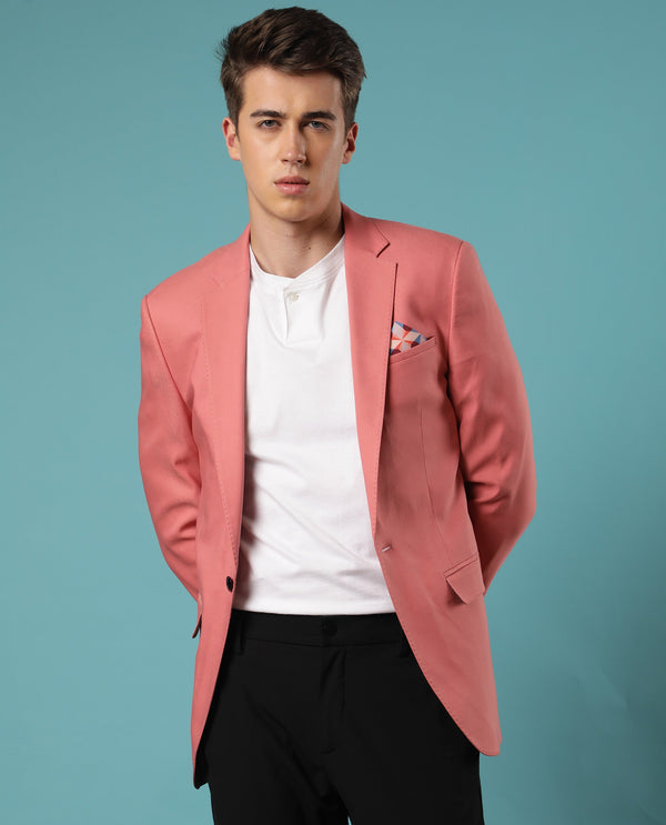 Rare Rabbit Men's Bart Pink Polyester Viscose Fabric Notch Lapel Single Breasted Tailored Fit Solid Blazer