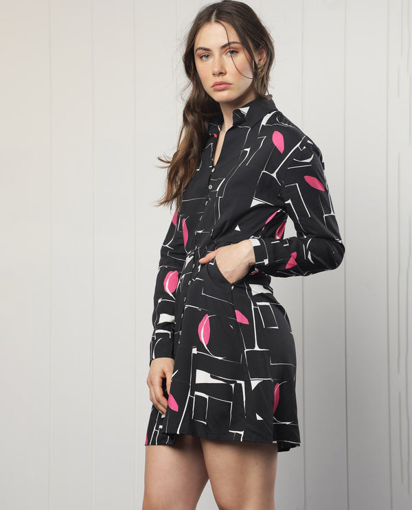 Rareism Women Ortiz Black Cotton Fabric Full Sleeves Button Closure Drop Collar Regular Fit Abstract Print Short Empire Dress
