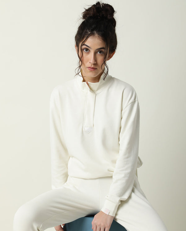 Rareism Women Taffy-1 Off White  Relaxed Fit Full Sleeves Solid High Neck Sweatshirt