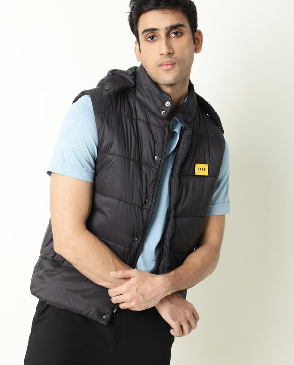 Rare Rabbit Men's Depot Black Plain Sleeveless Detachable Hood Puffer Jacket