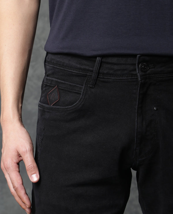 Rare Rabbit Men's Astra Black Rinse Wash Mid-Rise Slim Fit Jeans