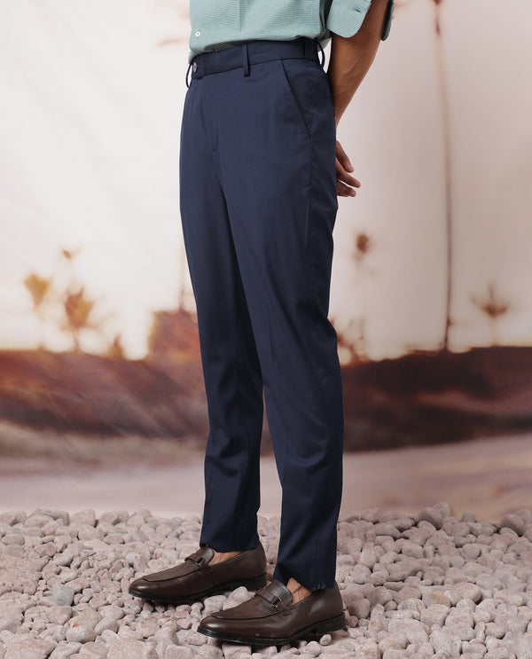 Rare Rabbit Men's Vitaro Navy Solid Mid-Rise Regular Fit Trouser