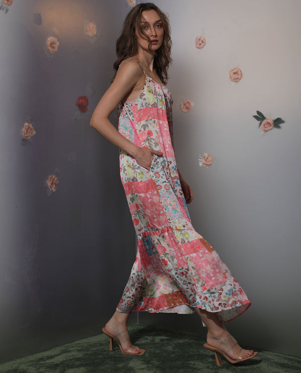 Rareism Women's Katie Multi Polyester Fabric Shoulder Straps Slip-On Closure Sleeveless Floral Print  Maxi Dress