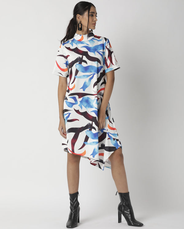Rareism Women Saler White Abstract Band Collar Short Sleeves With Pockets Asymmetric Knee Length Dress