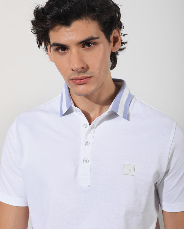 Rare Rabbit Men's Divide White Cotton Fabric Striped Collar Half Sleeves Polo T-Shirt