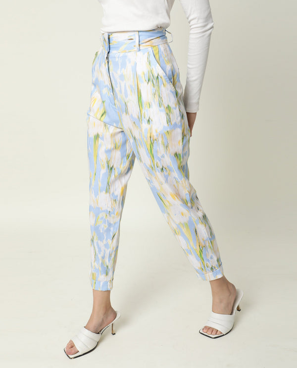 Rareism Women Cult Green Cotton Fabric Slim Fit Mid Rise Abstract Print Ankle Length Trousers