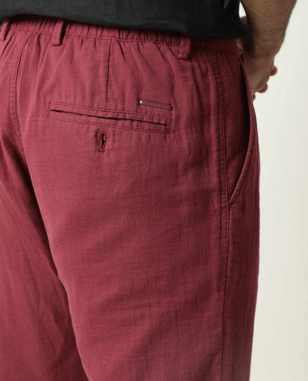 Rare Rabbit Men's Pastor Dark Red Solid Mid-Rise With Drawstring And Elastic Waistband Regular Fit Trouser
