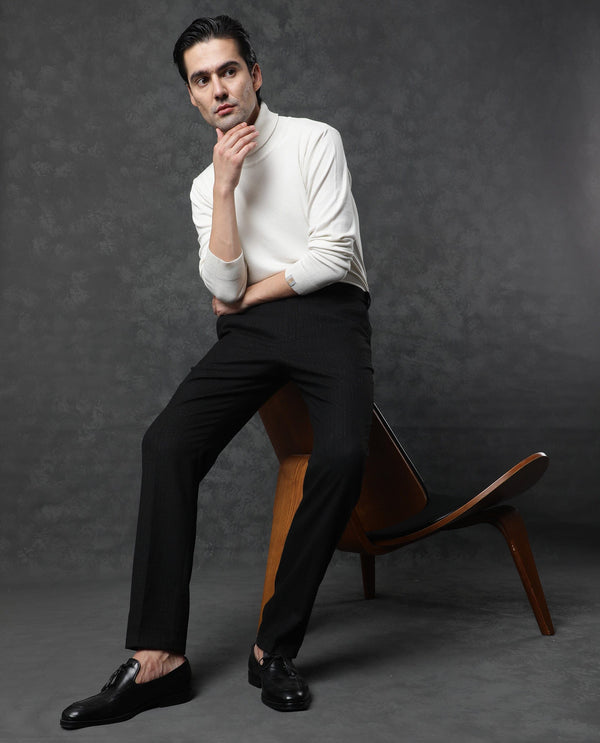 Rare Rabbit Men's Kovex Black Polyester Fabric Mid-Rise Regular Fit Premium Stripe Trousers