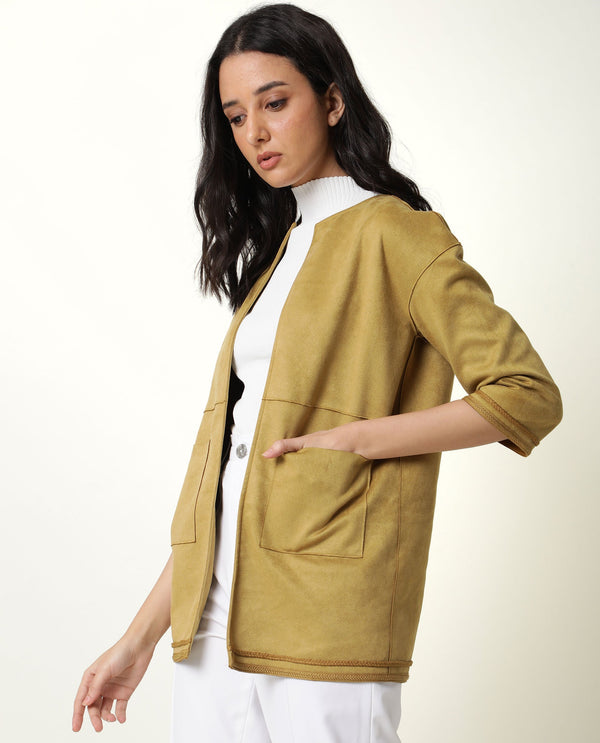 Rareism Women Square Dark Yellow Polyester Fabric 3/4Th Sleeves Solid Boat Neck Jacket