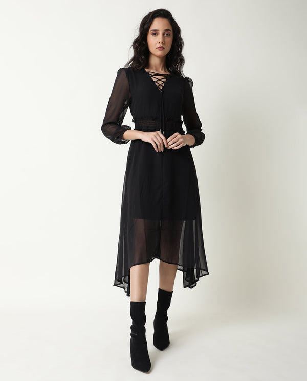 Rareism Women Ommet Black V Neck Criss Cross Tie Up Neckline Full Sleeve Smocked Waist Panel Asymmetric Knee Length Dress