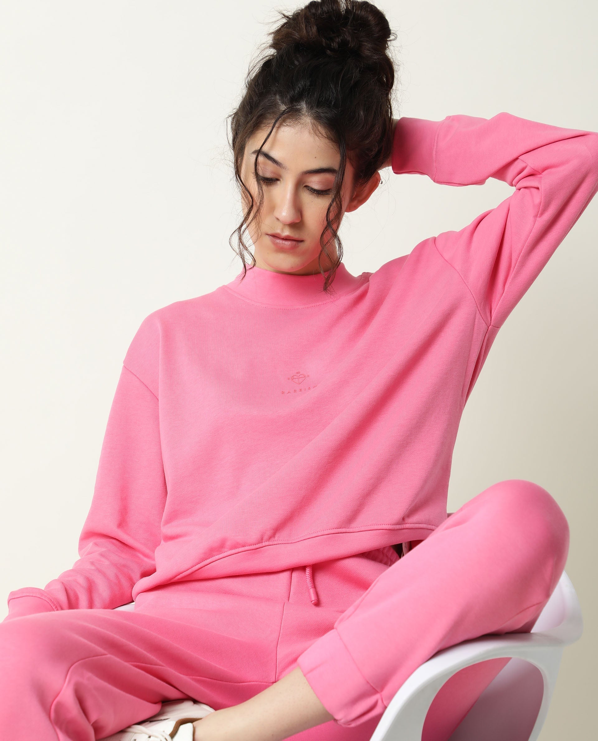 Rareism Women Necker Pink  Relaxed Fit Full Sleeves Solid High Neck Sweatshirt