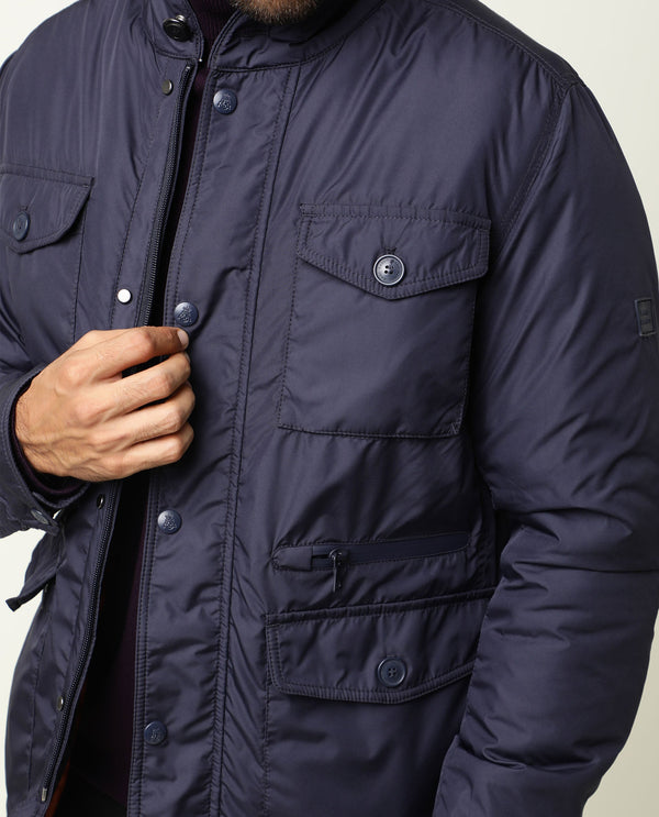 Rare Rabbit Men's Mass Navy Plain Stand Collar Puffed Jacket