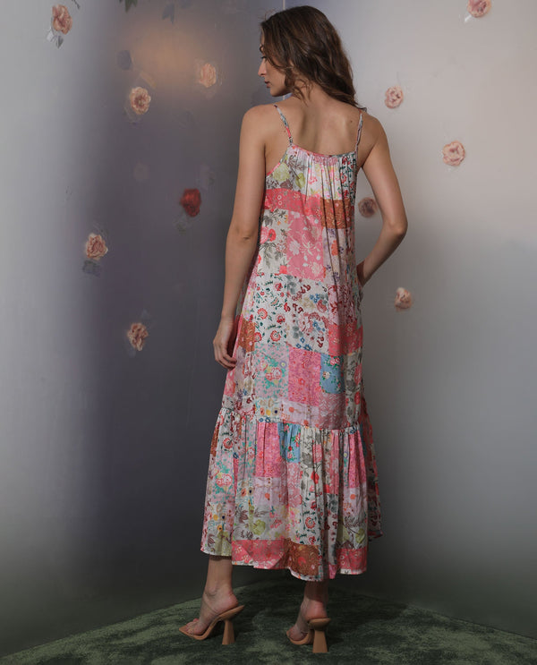 Rareism Women's Katie Multi Polyester Fabric Shoulder Straps Slip-On Closure Sleeveless Floral Print  Maxi Dress