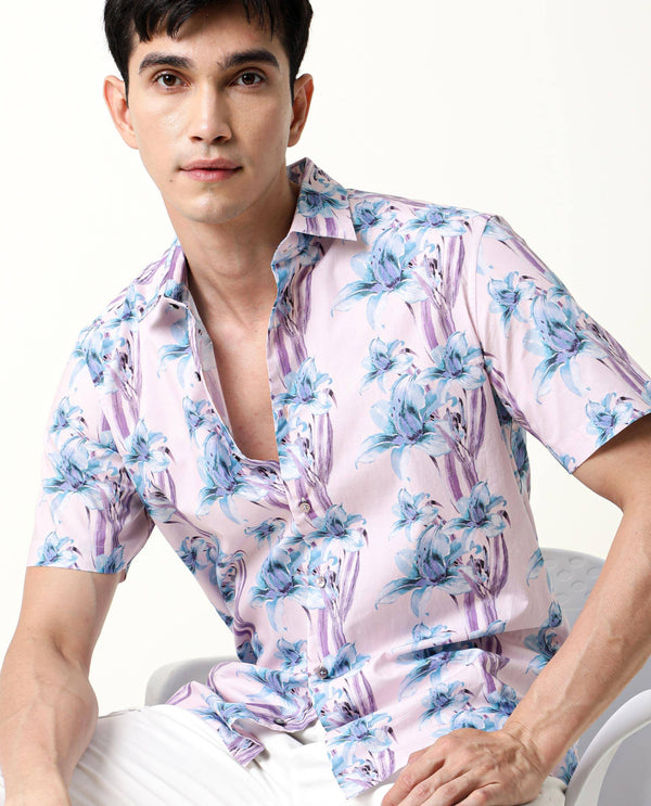 Rare Rabbit Men's Hadlo Pink Cotton Fabric Floral Print Half Sleeves Shirt