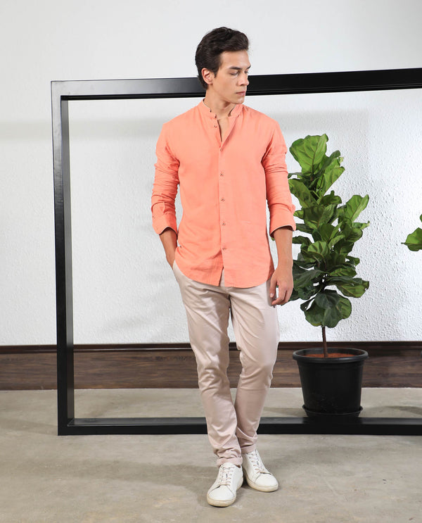 Rare Rabbit Men's Manderin Orange Modal Linen Fabric Mandarin Collar Full Sleeves Solid Shirt
