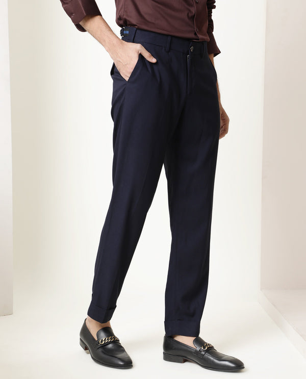 Rare Rabbit Men's Glade Dark Navy Solid Mid-Rise Regular Fit Trouser