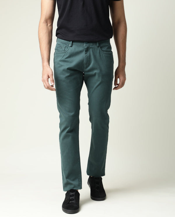 Rare Rabbit Men's Spoke-22 Green Solid Mid-Rise Regular Fit Stretch Trouser