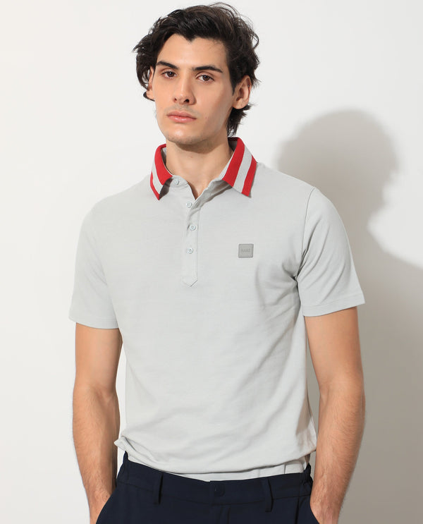 Rare Rabbit Men's Divide Light Grey Cotton Fabric Striped Collar Half Sleeves Polo T-Shirt