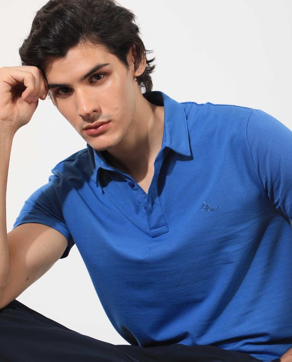 Rare Rabbit Men's Tunas Light Blue Cotton Polyester Fabric Collared Neck Half Sleeves Striped Polo T-Shirt