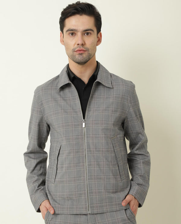 Rare Rabbit Men's Keener Grey Regular Collar Checks Jacket