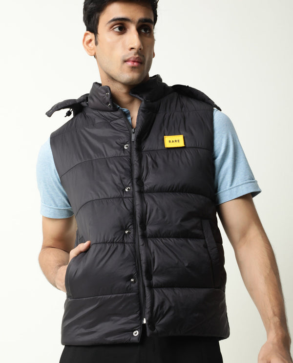 Rare Rabbit Men's Depot Black Plain Sleeveless Detachable Hood Puffer Jacket