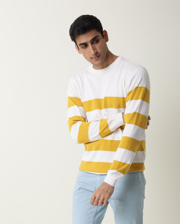 Rare Rabbit Marri Primary Yellow Sweater Cotton Fabric Full Sleeve Round Neck Slim Fit