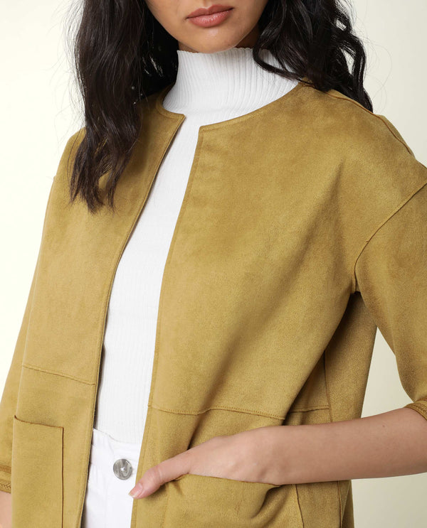 Rareism Women Square Dark Yellow Polyester Fabric 3/4Th Sleeves Solid Boat Neck Jacket