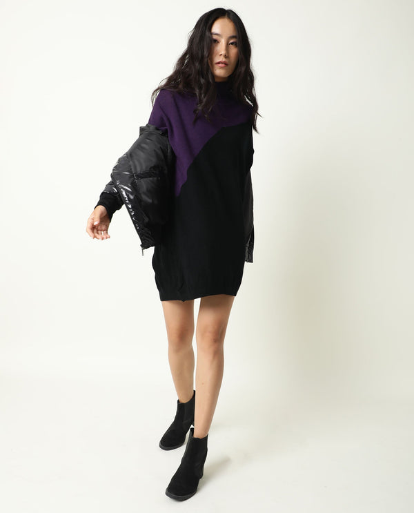 Rareism Women Spaton Purple Acrylic Fabric Full Sleeves Knee Length Regular Fit Color Blocked High Neck Sweater