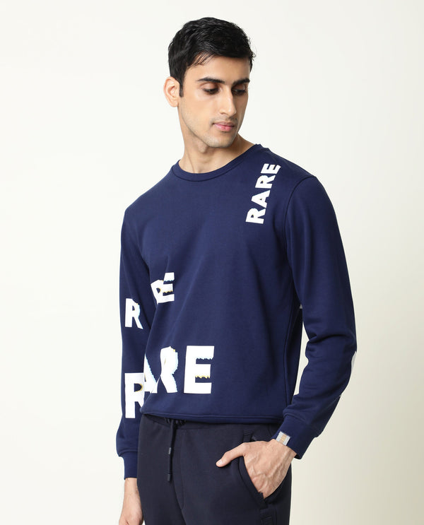 Rare Rabbit Men's Clovis Navy Cotton Polyester Fabric Full Sleeves Graphic Statement Print Sweatshirt