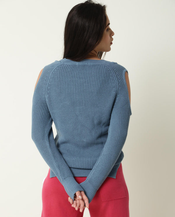 Rareism Women Cold Navy Cotton Fabric Full Sleeves Slim Fit Solid Boat Neck Sweater