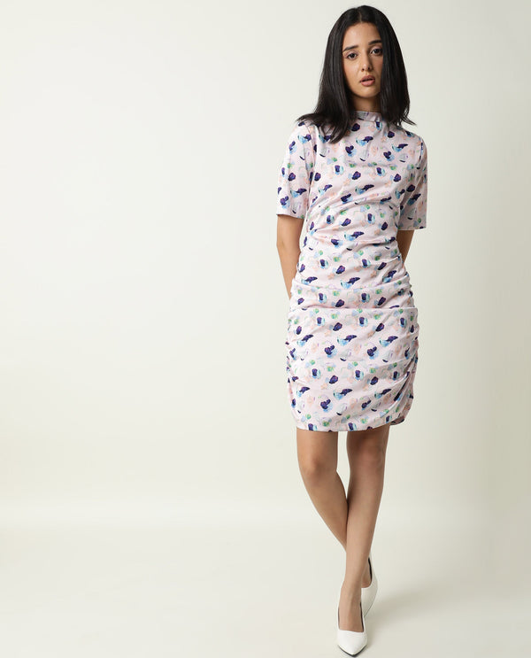 Rareism Women Flirty Light Pink Abstract High Neck Short Sleeve Runches At Side And Back With Back Zip Closure Mini Dress