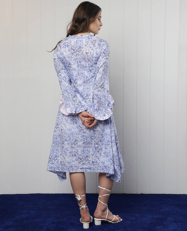 Rareism Women Cherish Blue Cotton Fabric 3/4Th Sleeves V-Neck Regular Fit Floral Print Knee Length Asymmetric Dress