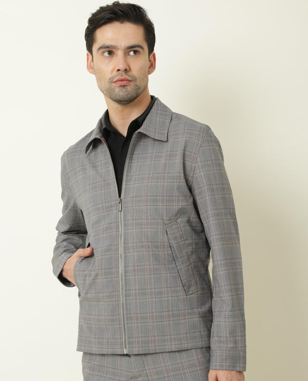 Rare Rabbit Men's Keener Grey Regular Collar Checks Jacket