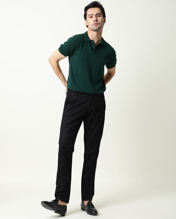Rare Rabbit Men's Raptors Black Solid Mid-Rise Regular Fit Stretch Trouser